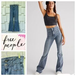 Free People We The Free Steel Blue Jayde Flare Jeans Cotton Blend Denim Size 29